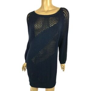 Ann Taylor Sz M Navy Blue Open Weave Dress (Needs Slip) Cotton/Nylon Long Sleeve